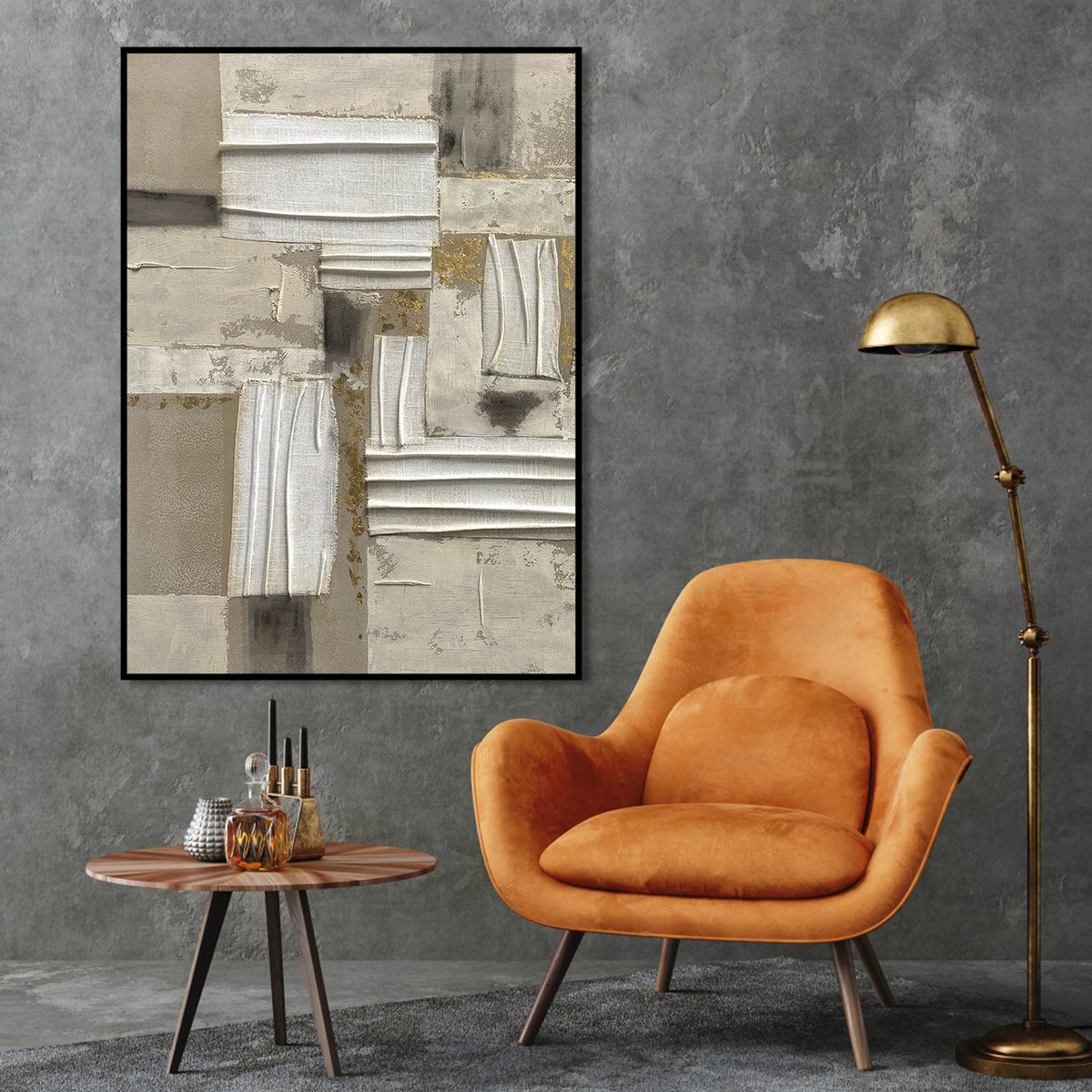 Neutral toned modern abstract art with architectural-inspired columns and textured layers in grays, creams, and gold accents.