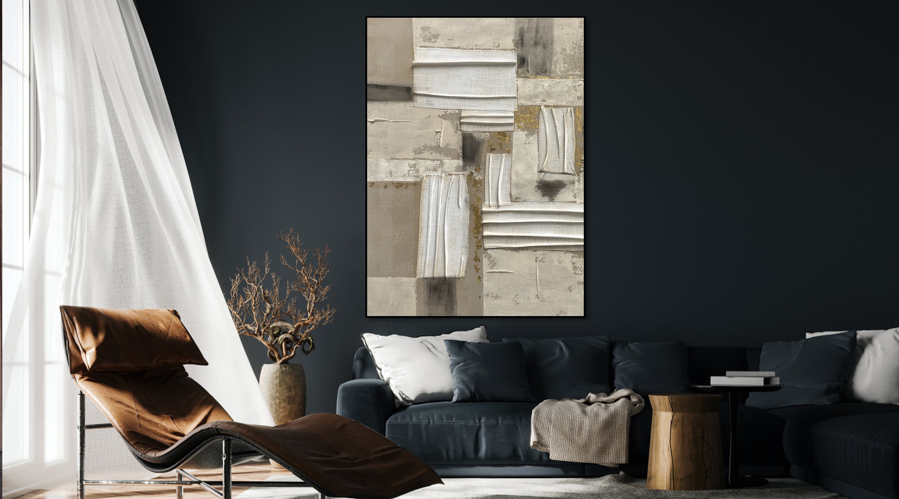 Neutral toned modern abstract art with architectural-inspired columns and textured layers in grays, creams, and gold accents.