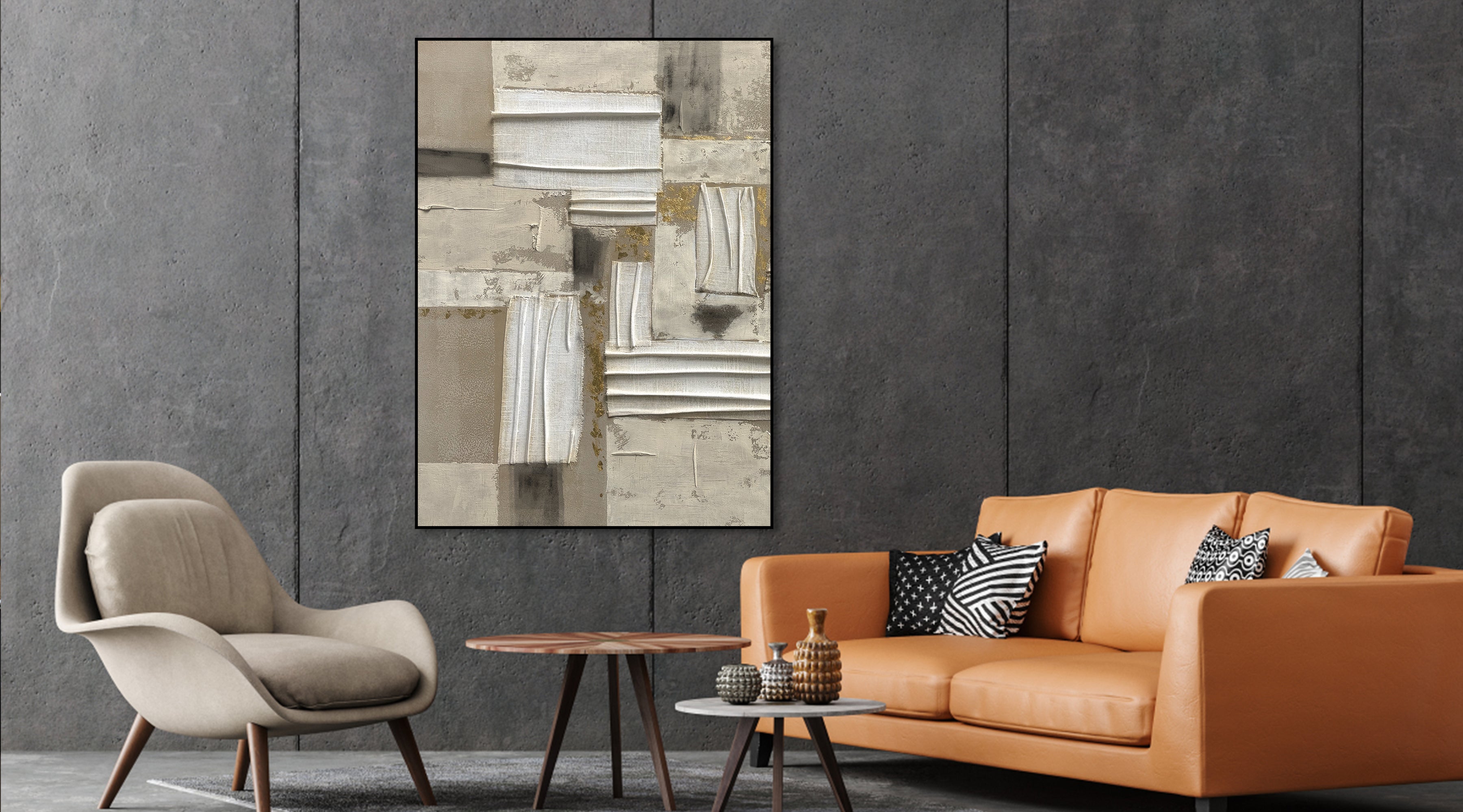 Neutral toned modern abstract art with architectural-inspired columns and textured layers in grays, creams, and gold accents.