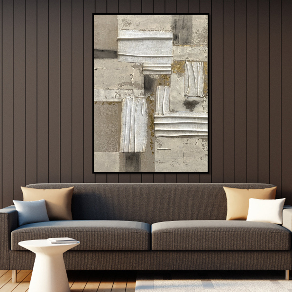 Neutral toned modern abstract art with architectural-inspired columns and textured layers in grays, creams, and gold accents.