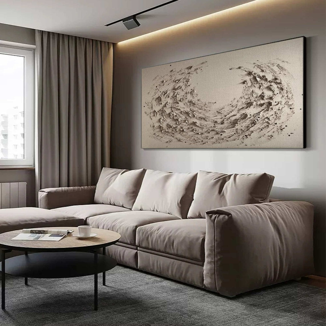 Textured abstract wall decor featuring dynamic swirling design in neutral tones.