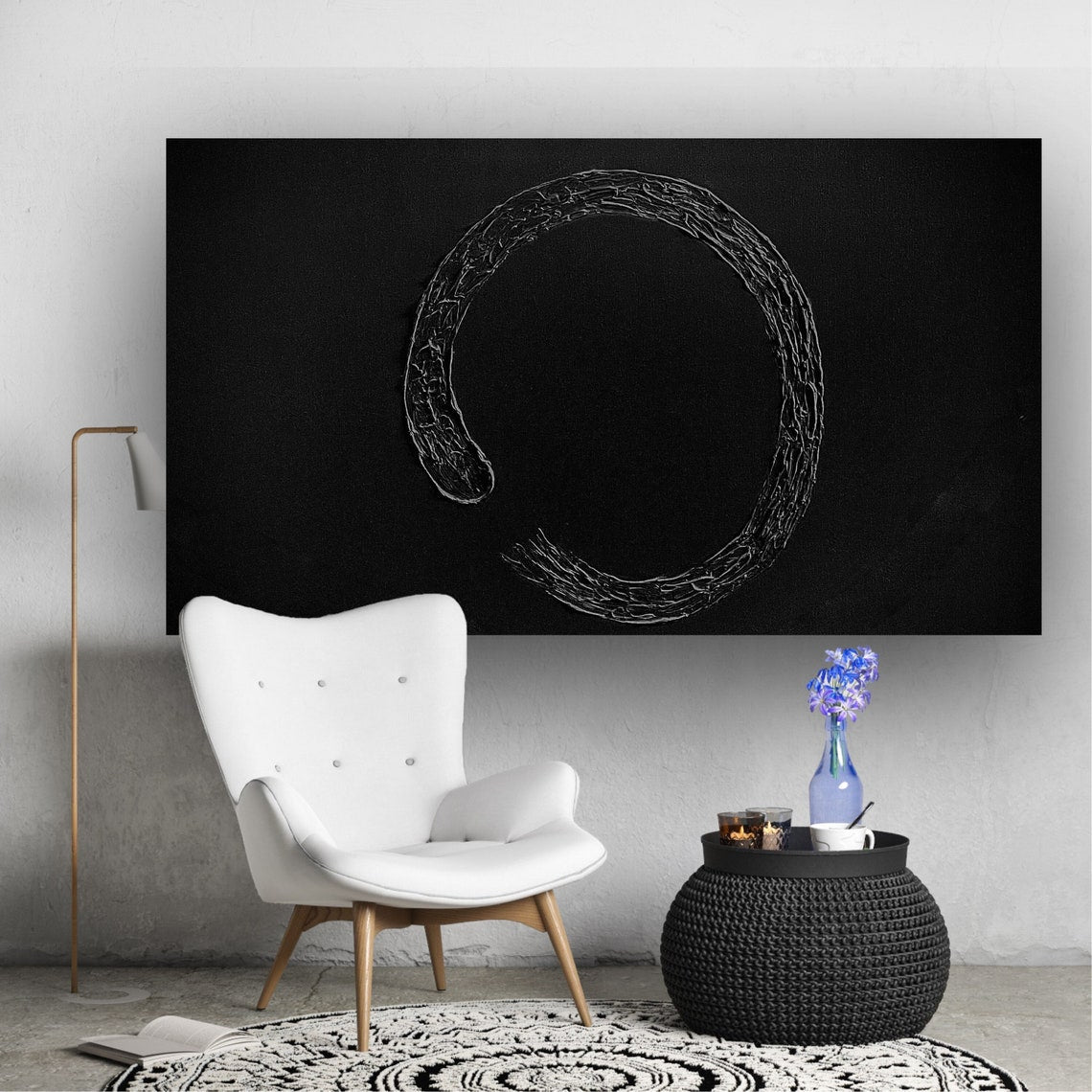 Zen painting with minimalist textured circle design on black canvas, modern abstract wall art