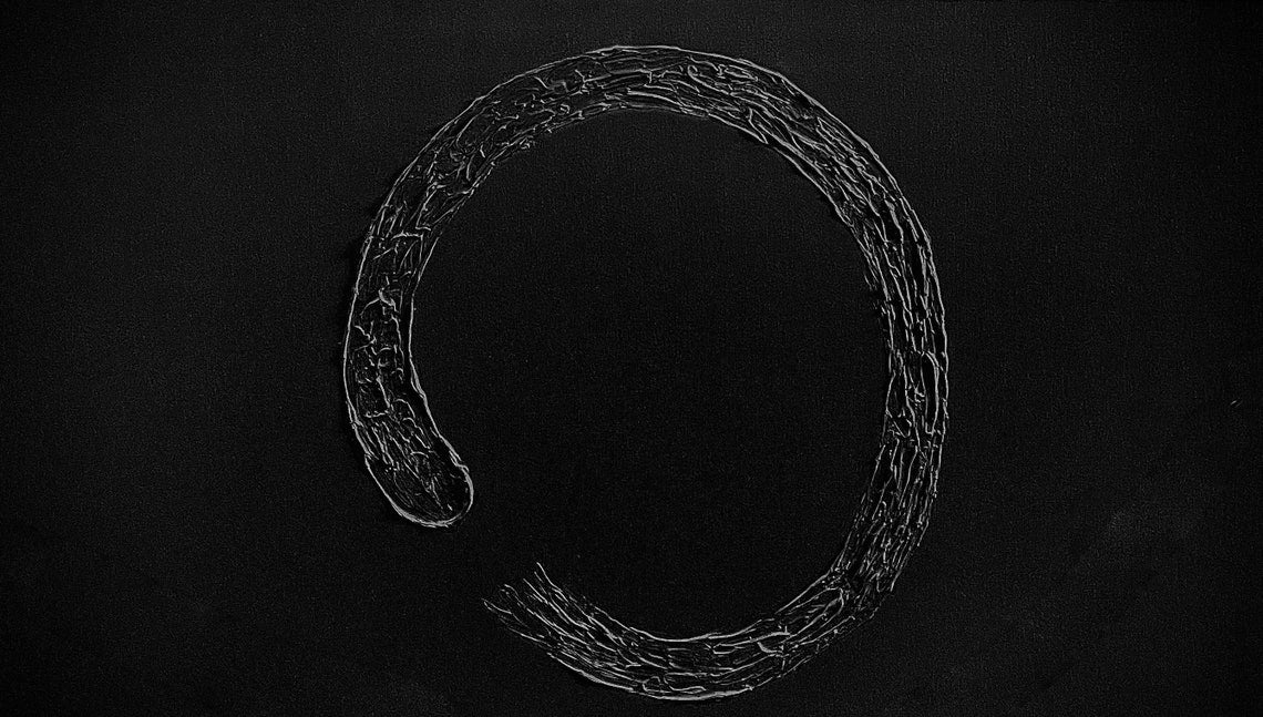 Zen painting with minimalist textured circle design on black canvas, modern abstract wall art
