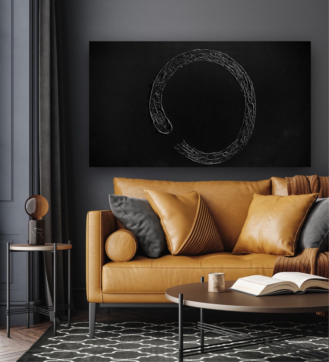 Zen painting with minimalist textured circle design on black canvas, modern abstract wall art