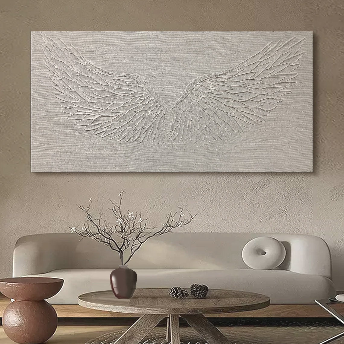 Whisper of Wings – Textured Angel Wing Wall Art on Neutral Canvas