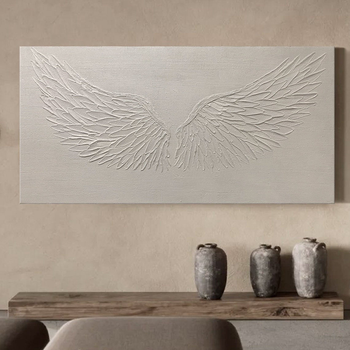 Whisper of Wings – Textured Angel Wing Wall Art on Neutral Canvas