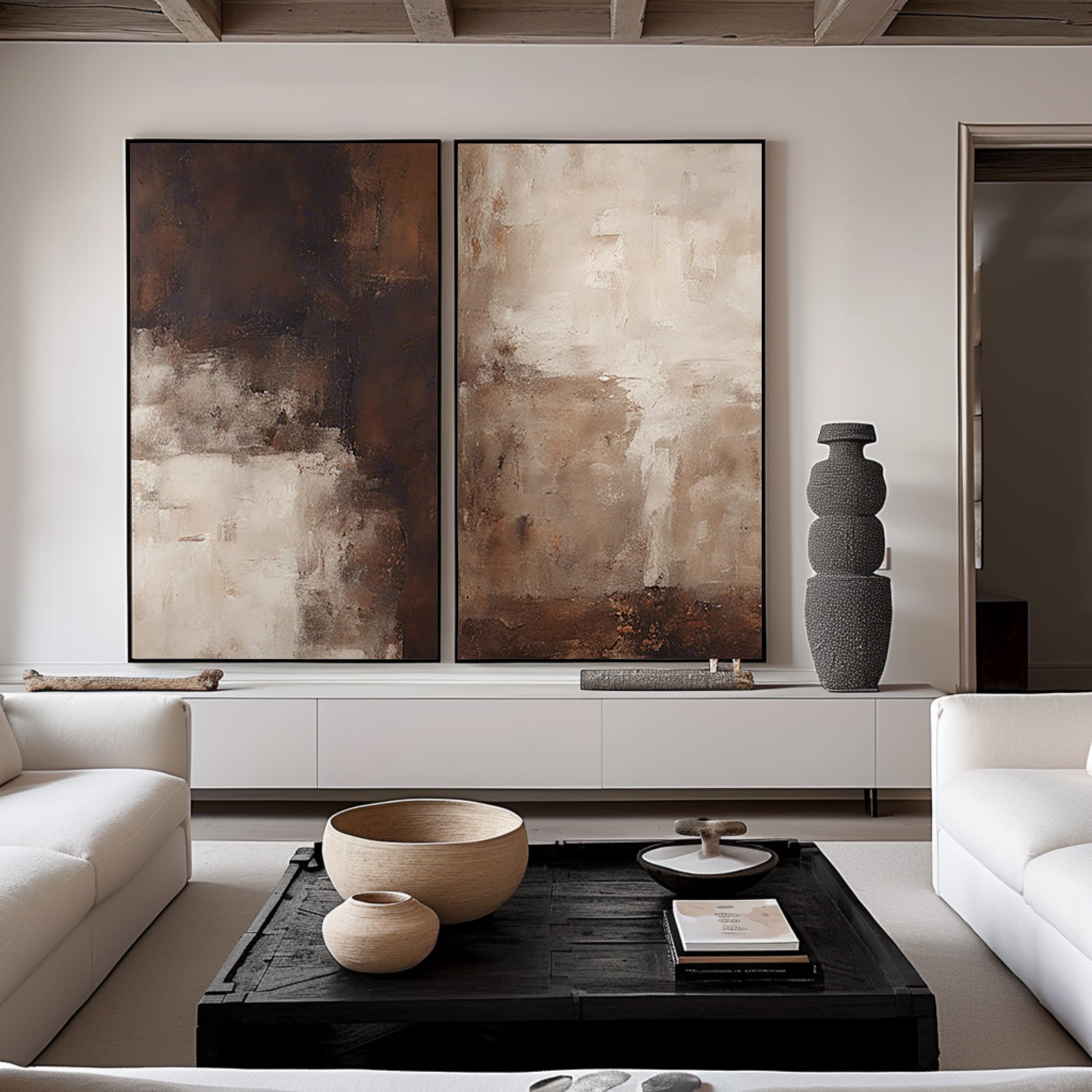 Beige & Brown Minimalist Painting with abstract textures and warm tones.