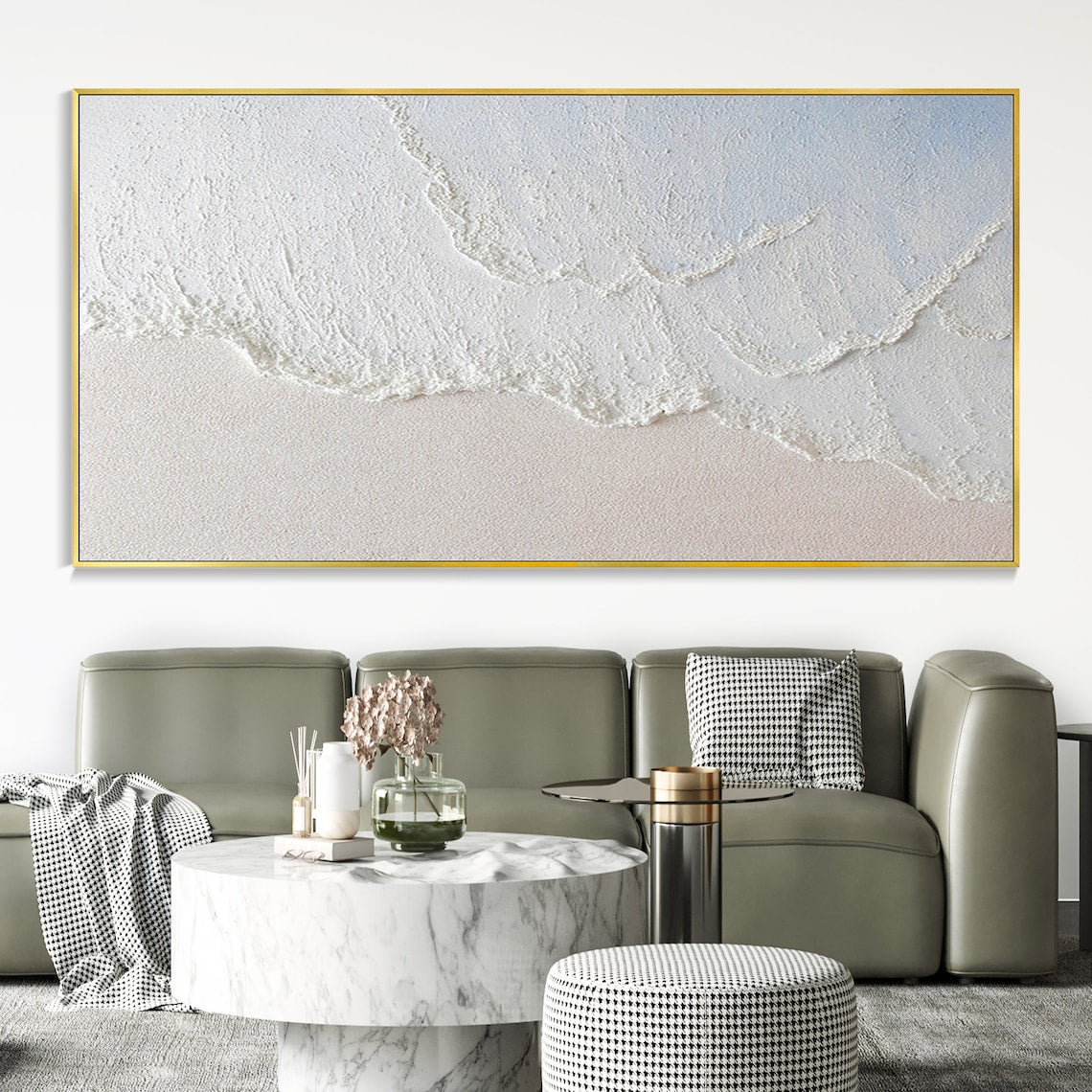 Celestial Sand Ripples plaster art texture painting with coastal wave design in white and beige