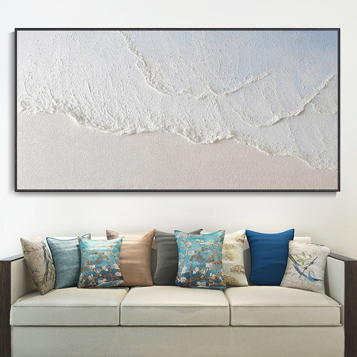 Celestial Sand Ripples plaster art texture painting with coastal wave design in white and beige