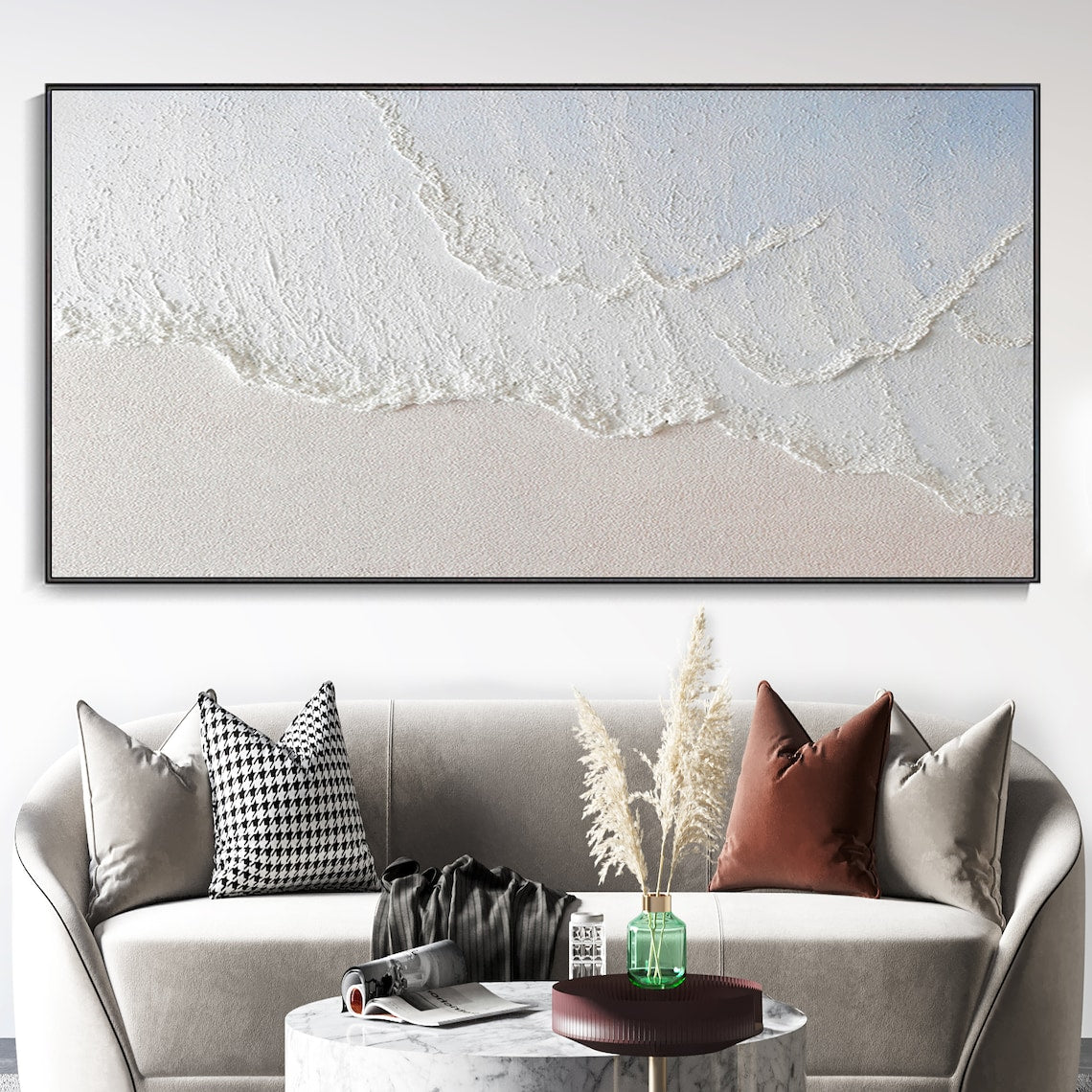 Celestial Sand Ripples plaster art texture painting with coastal wave design in white and beige