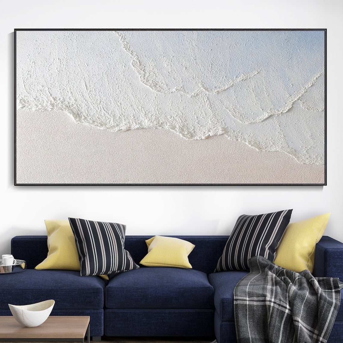 Celestial Sand Ripples plaster art texture painting with coastal wave design in white and beige