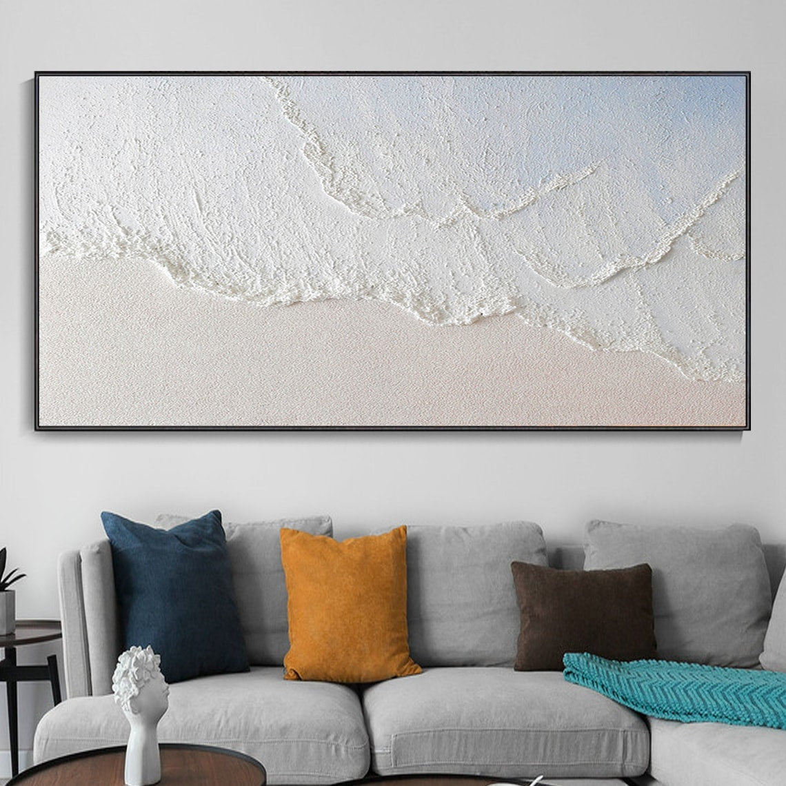 Celestial Sand Ripples plaster art texture painting with coastal wave design in white and beige