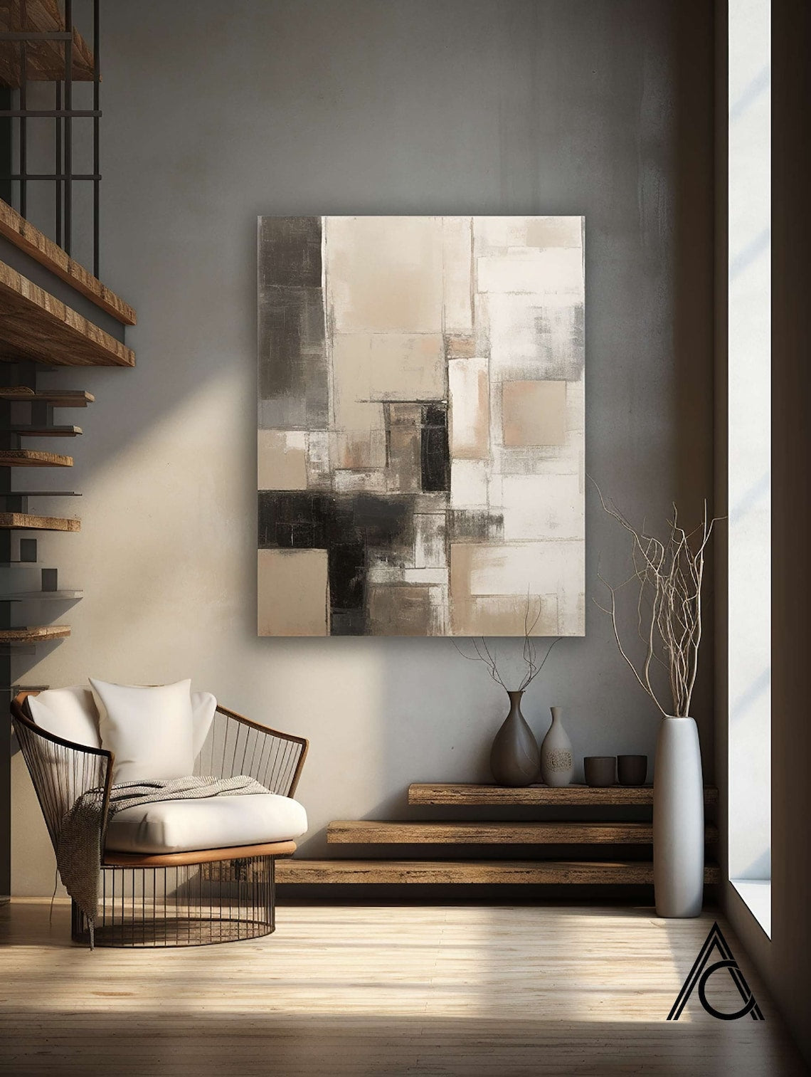 Urban Harmony Canvas modern paintings for wall, neutral geometric abstract art in beige, cream, and black