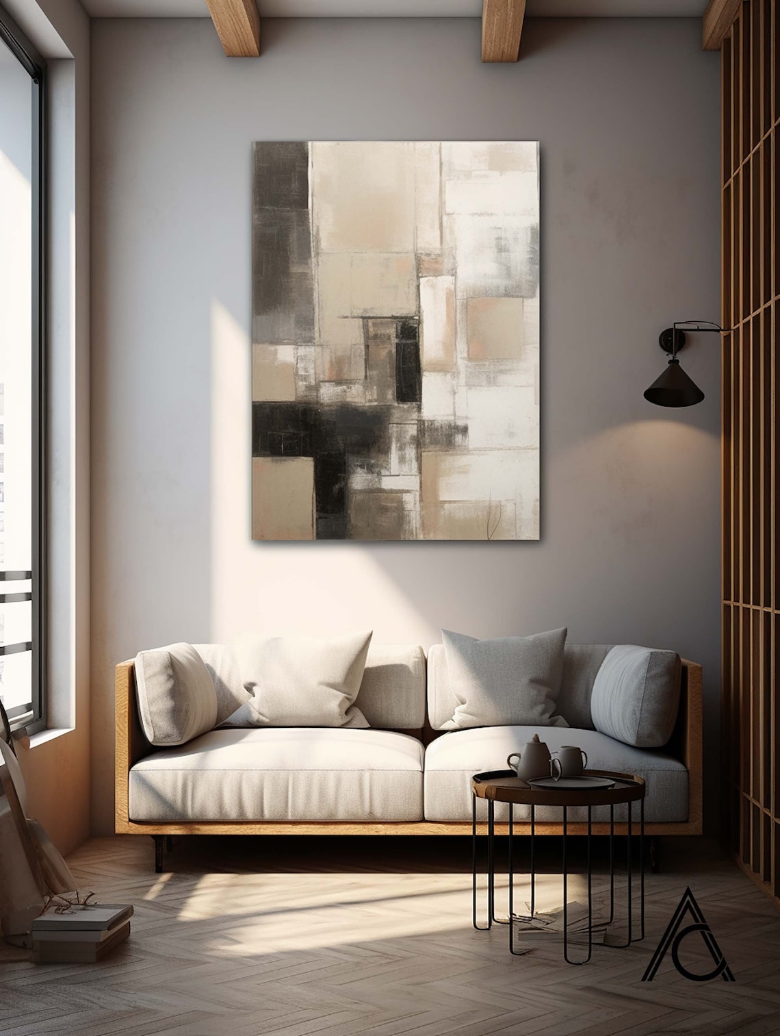 Urban Harmony Canvas modern paintings for wall, neutral geometric abstract art in beige, cream, and black