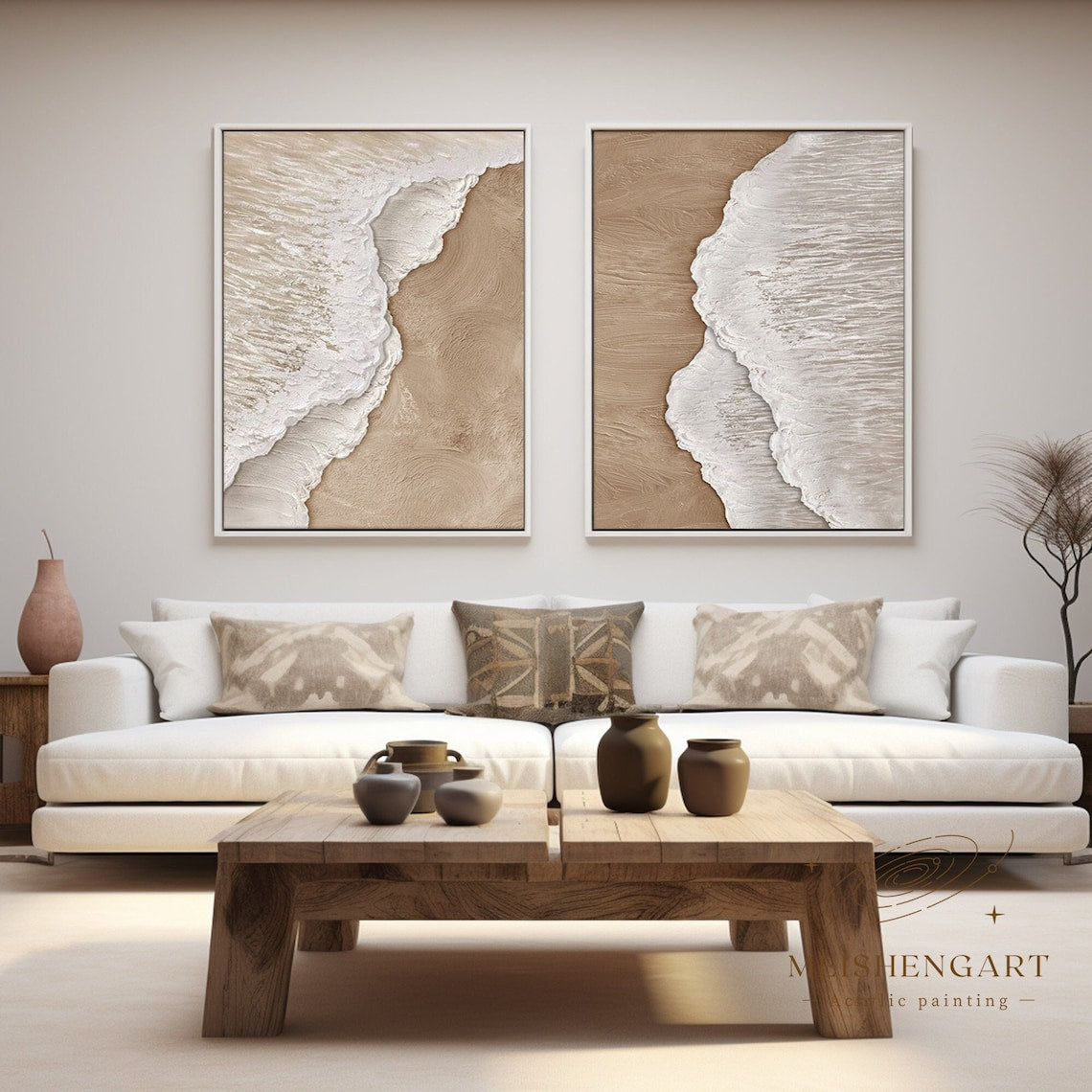 Serene Duality Panels – Abstract Ocean Wave Painting