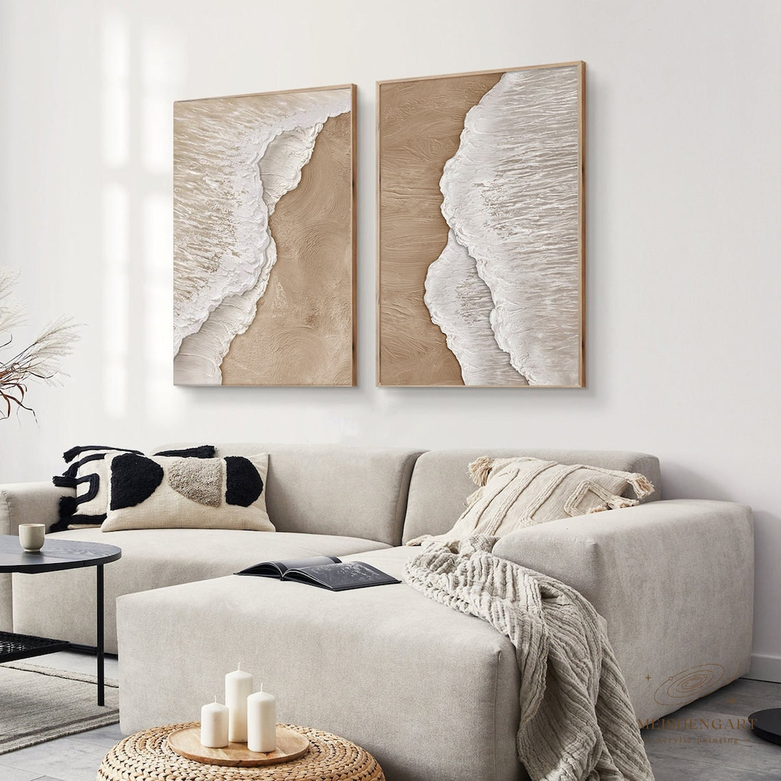 Serene Duality Panels – Abstract Ocean Wave Painting