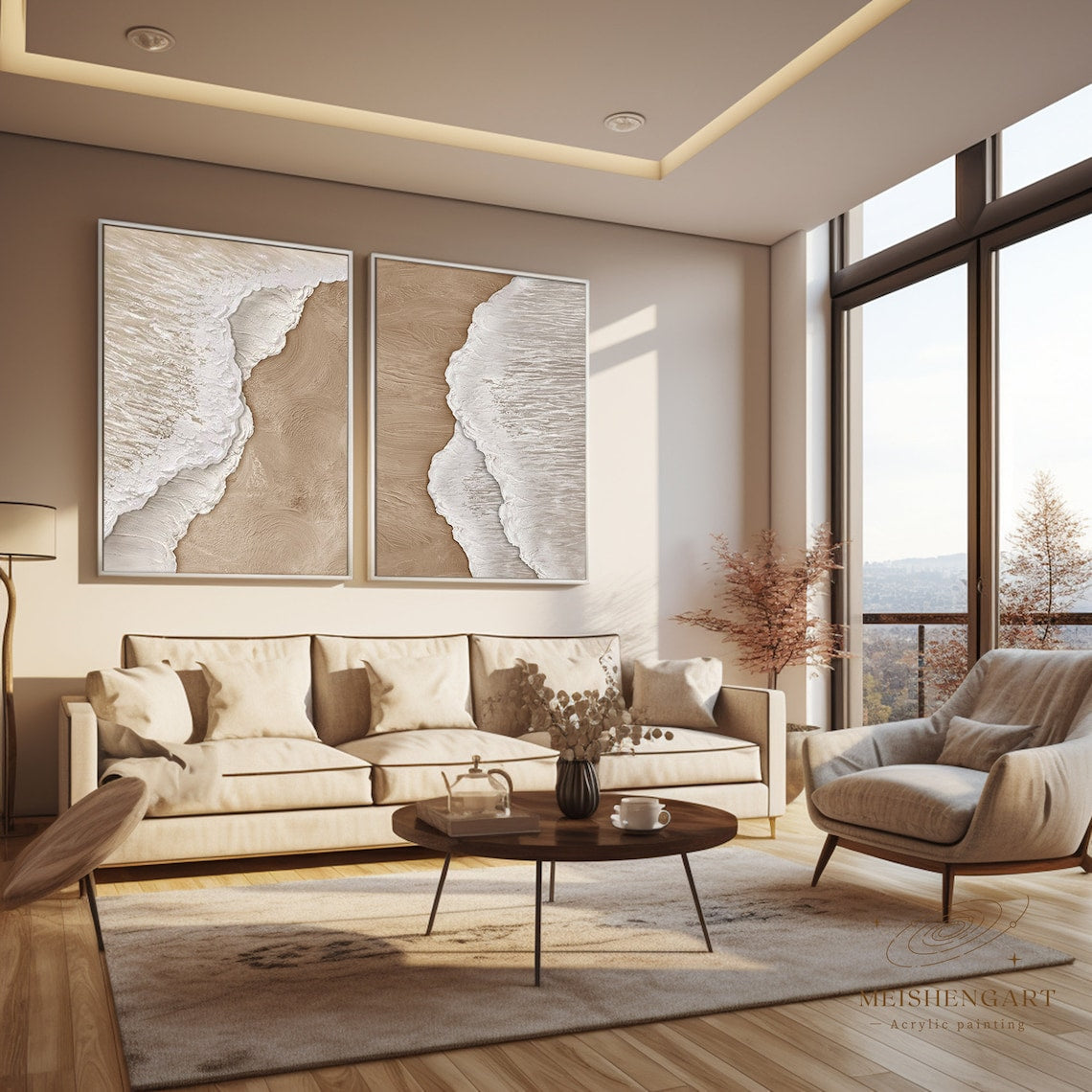 Serene Duality Panels – Abstract Ocean Wave Painting