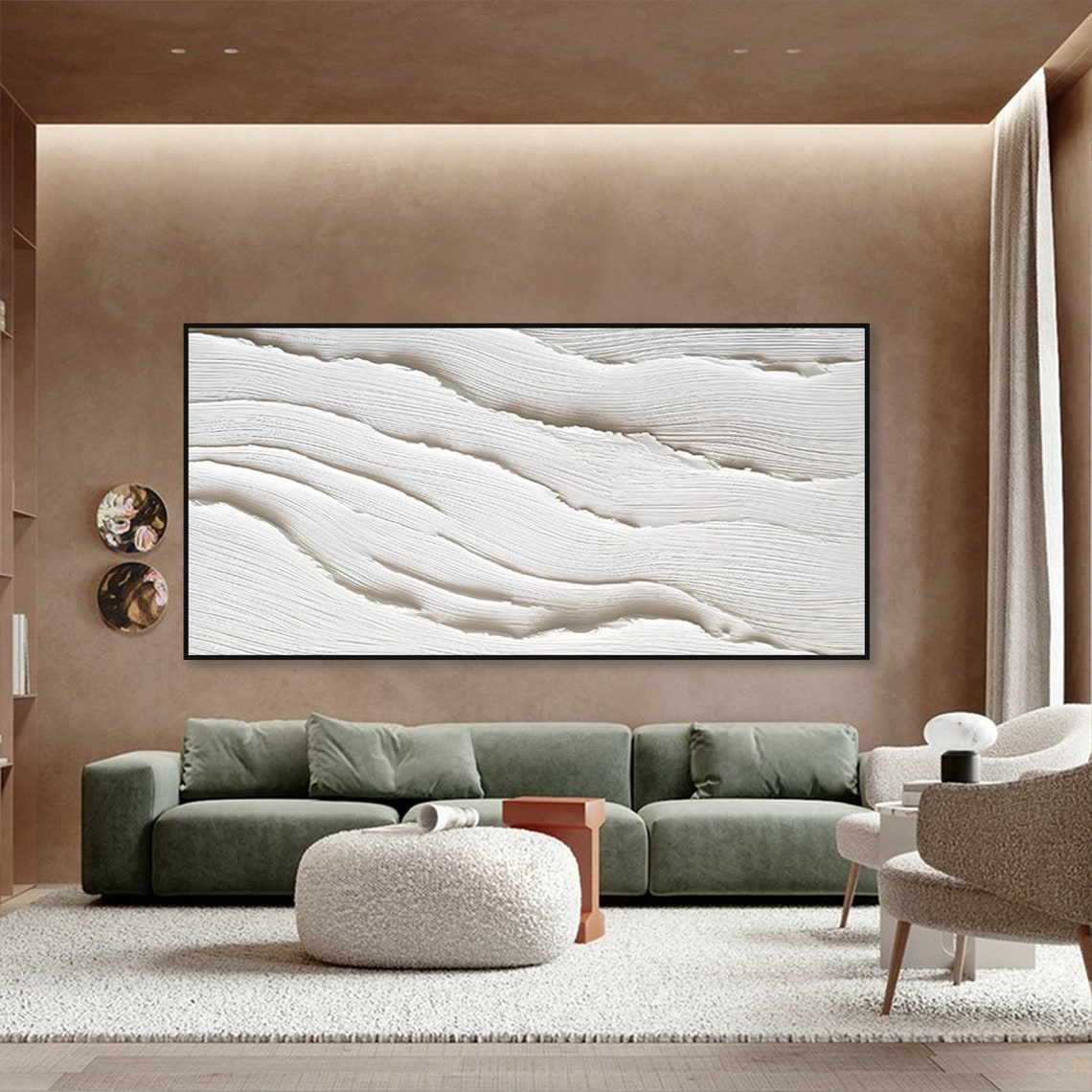 Serene White Currents plaster art texture painting in modern minimalist design