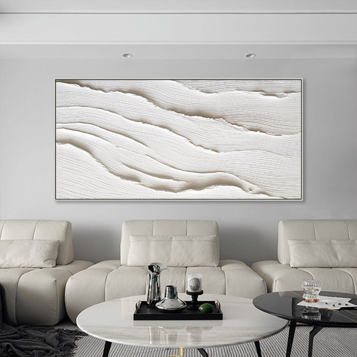 Serene White Currents plaster art texture painting in modern minimalist design