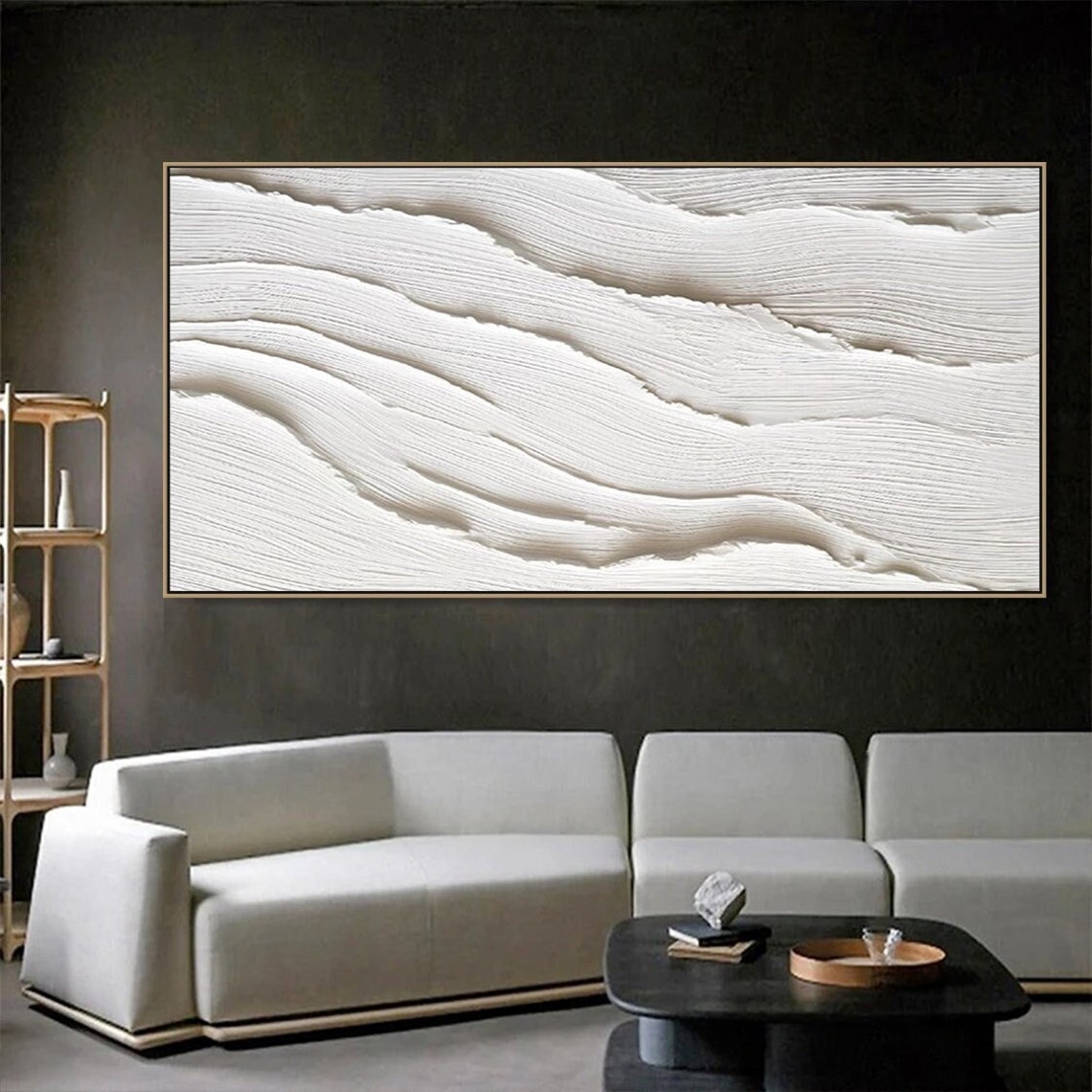Serene White Currents plaster art texture painting in modern minimalist design