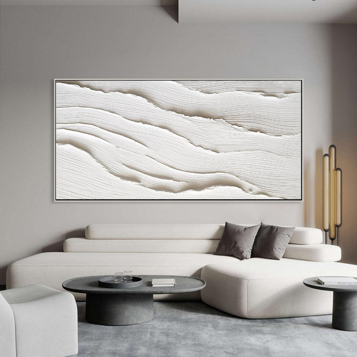 Serene White Currents plaster art texture painting in modern minimalist design