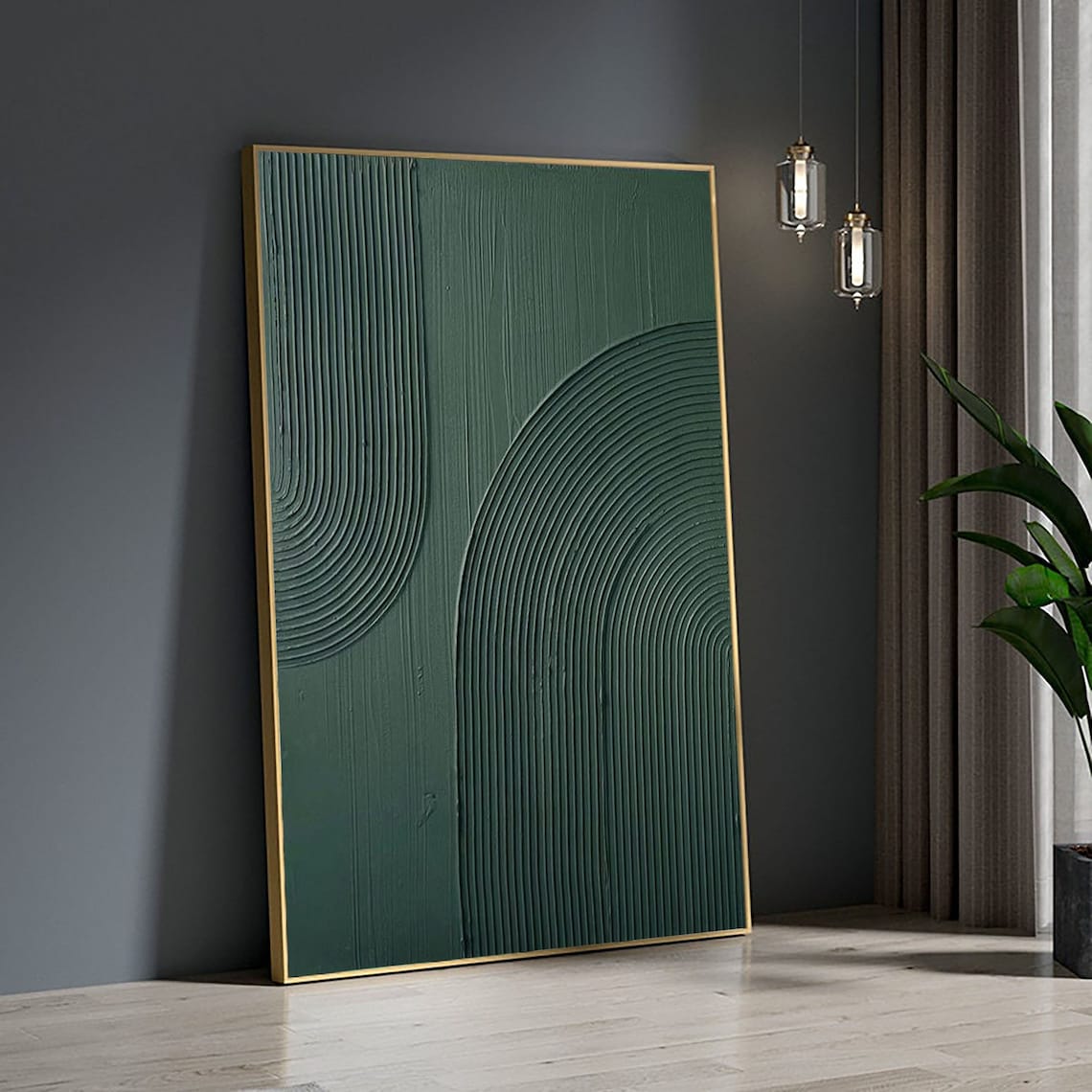 High quality green painting inspired by Van Gogh, minimalist green wall art with textured curved lines