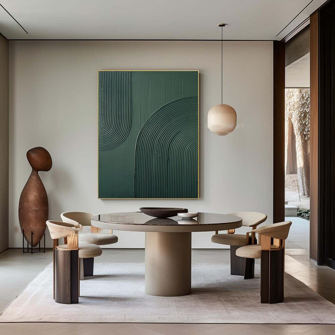 High quality green painting inspired by Van Gogh, minimalist green wall art with textured curved lines