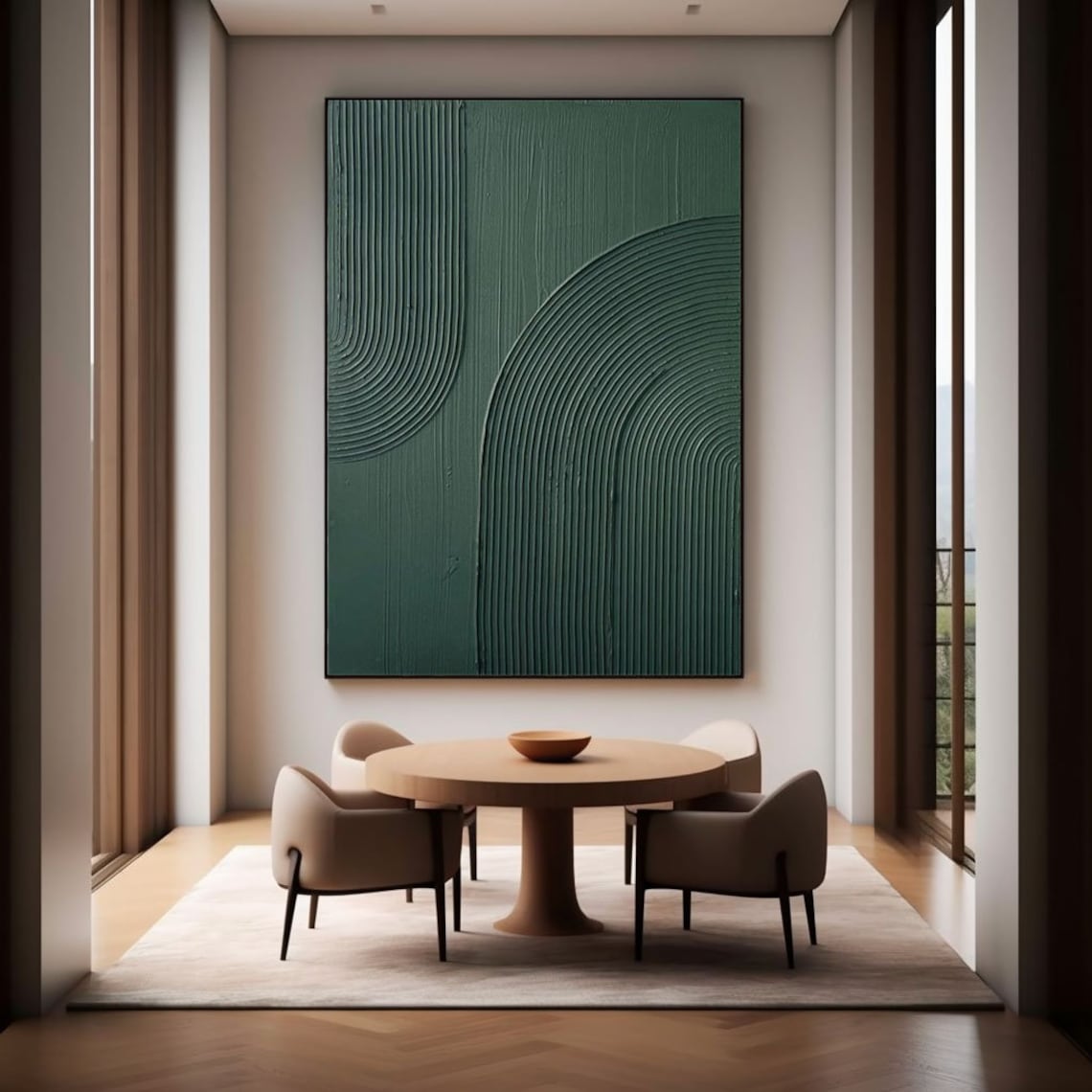 High quality green painting inspired by Van Gogh, minimalist green wall art with textured curved lines