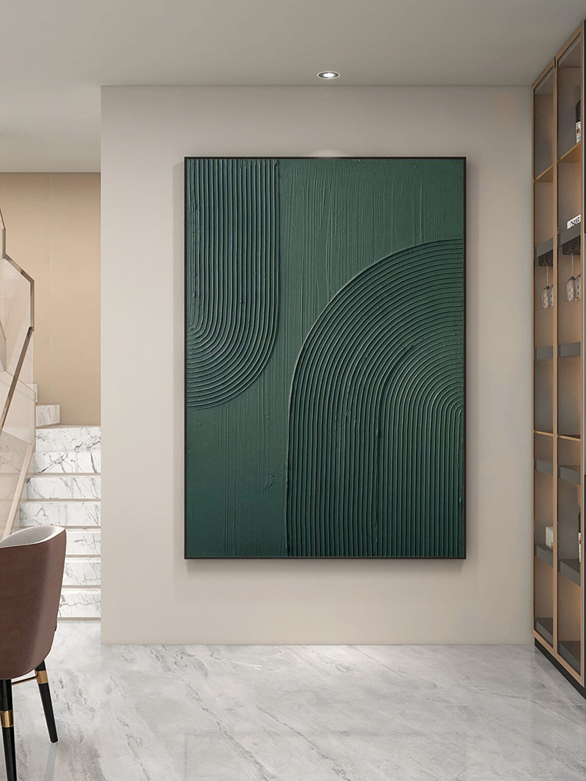 High quality green painting inspired by Van Gogh, minimalist green wall art with textured curved lines
