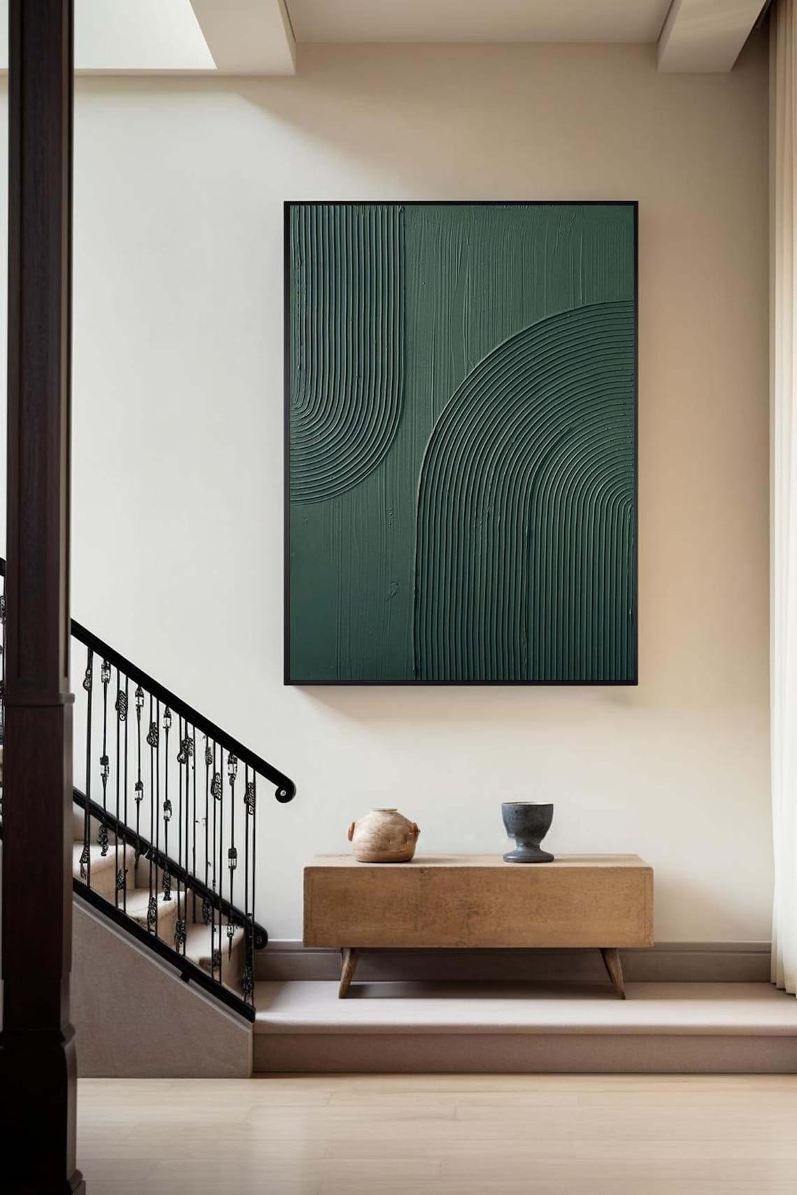 High quality green painting inspired by Van Gogh, minimalist green wall art with textured curved lines