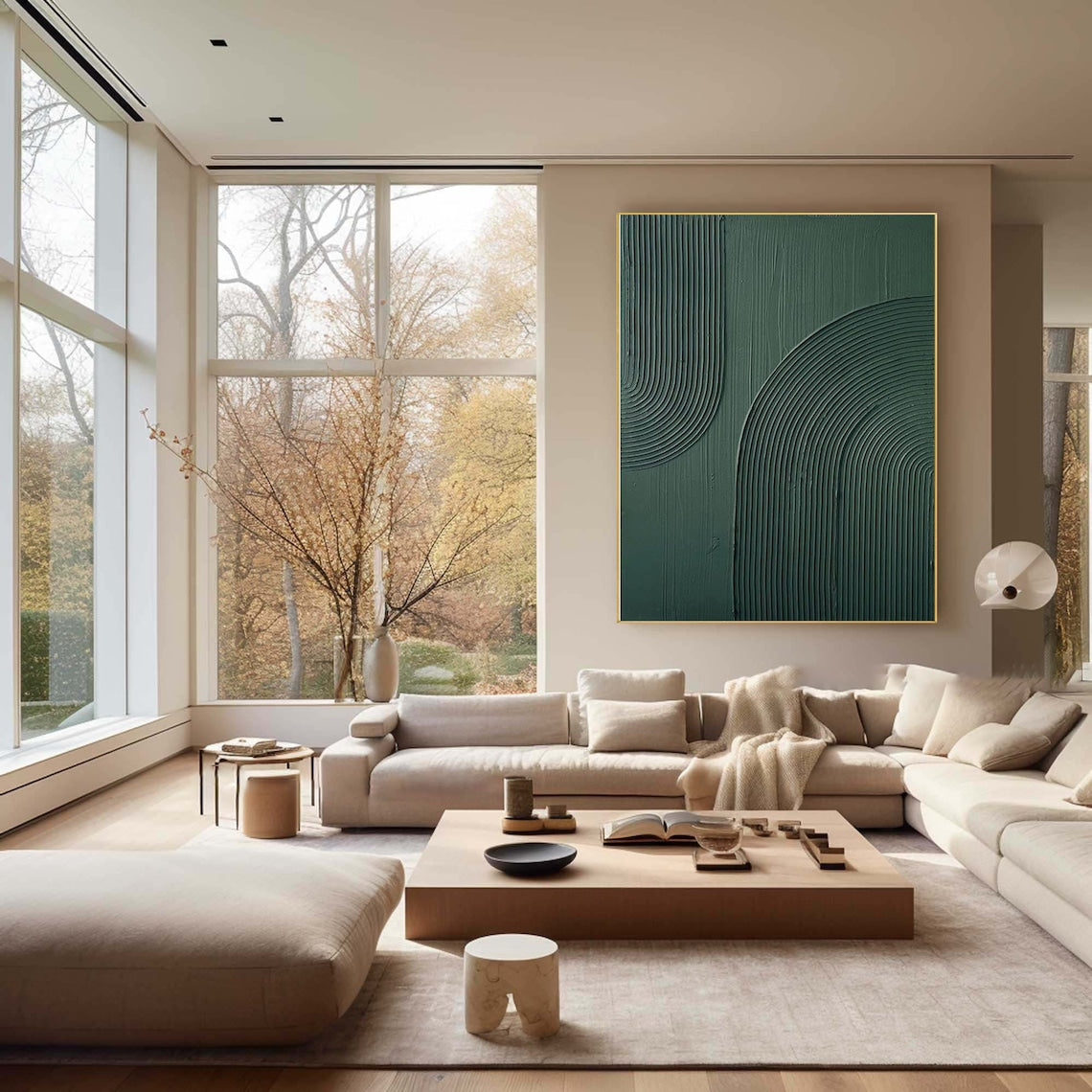 High quality green painting inspired by Van Gogh, minimalist green wall art with textured curved lines