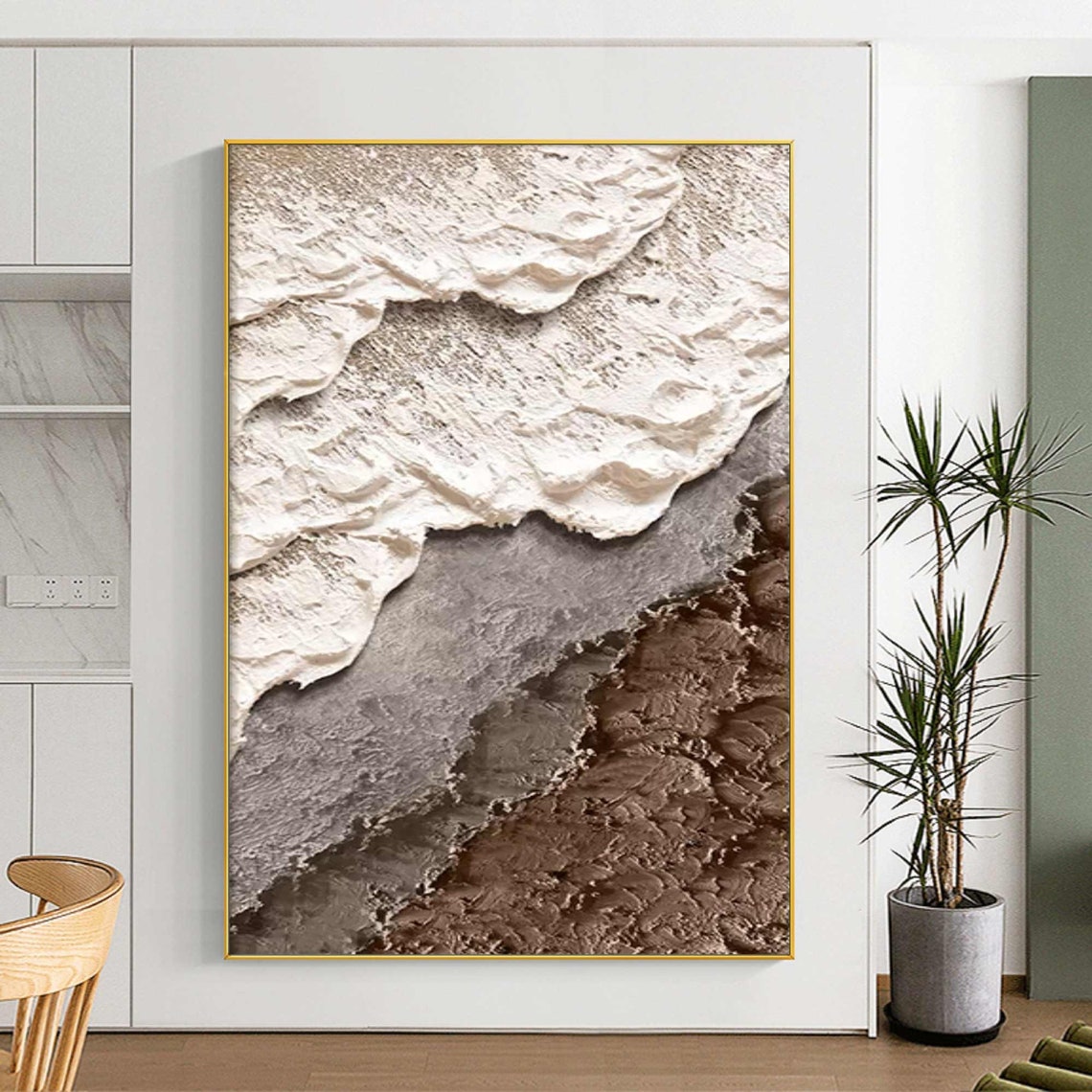 Textured beach painting with white waves and sandy textures in modern coastal style