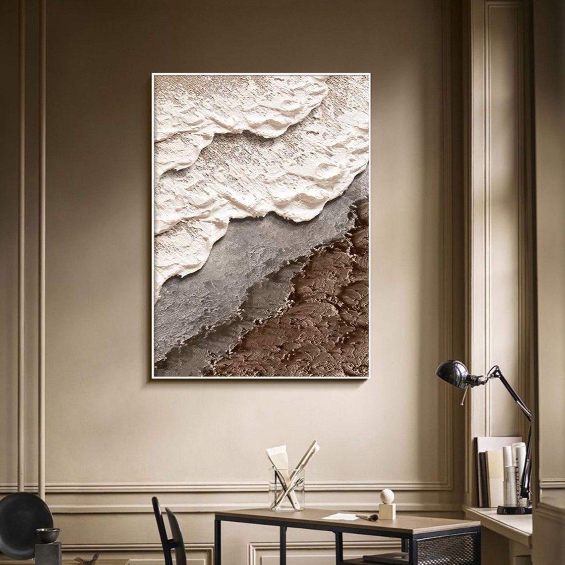 Textured beach painting with white waves and sandy textures in modern coastal style
