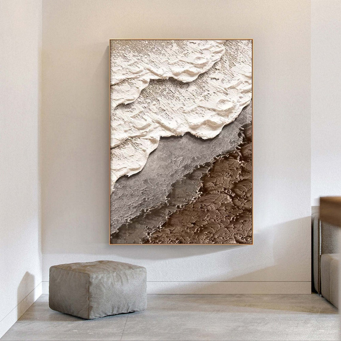 Textured beach painting with white waves and sandy textures in modern coastal style