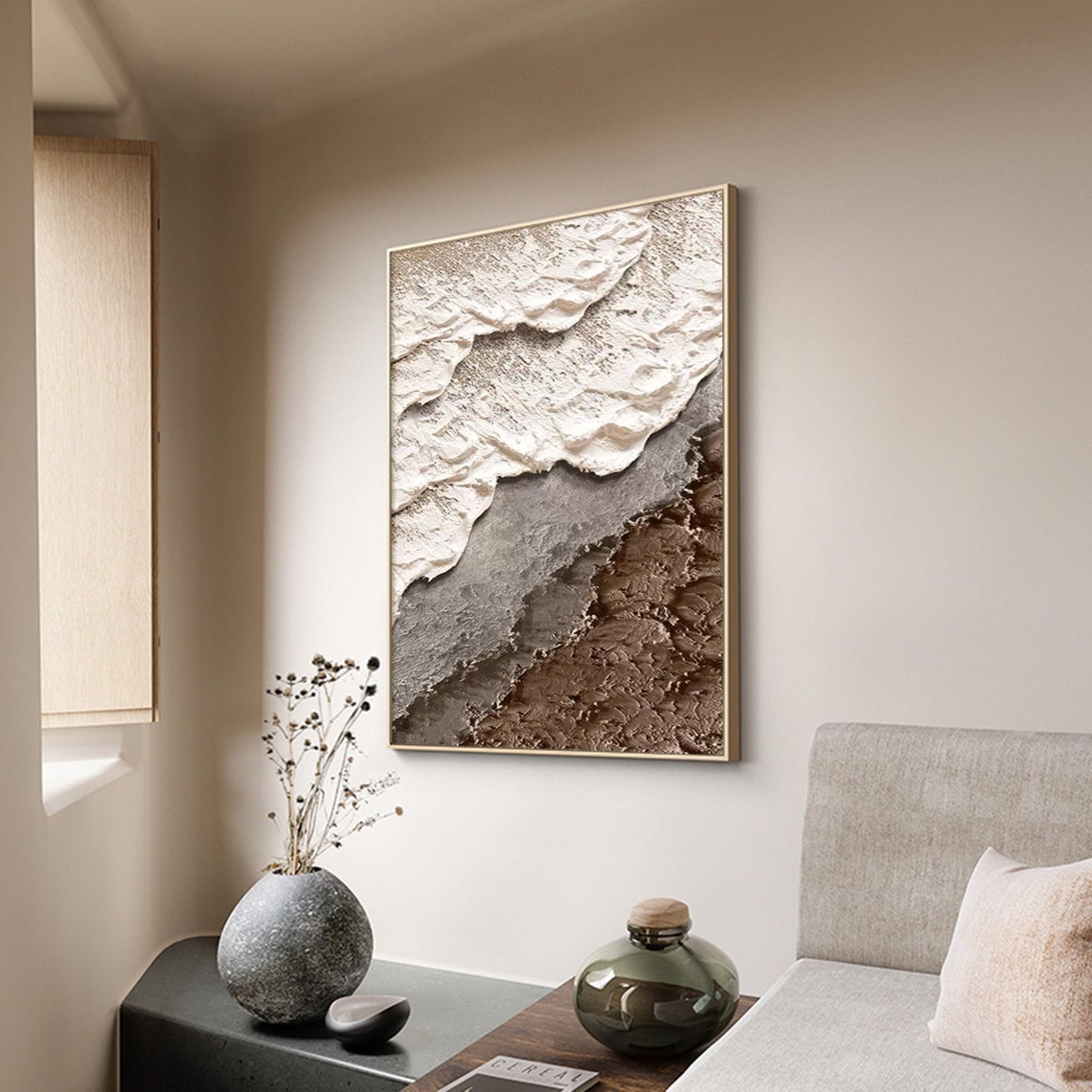Textured beach painting with white waves and sandy textures in modern coastal style