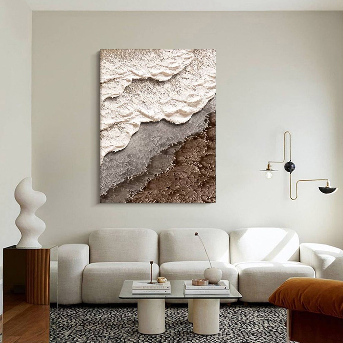 Textured beach painting with white waves and sandy textures in modern coastal style