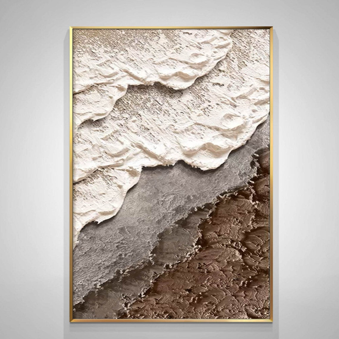 Textured beach painting with white waves and sandy textures in modern coastal style