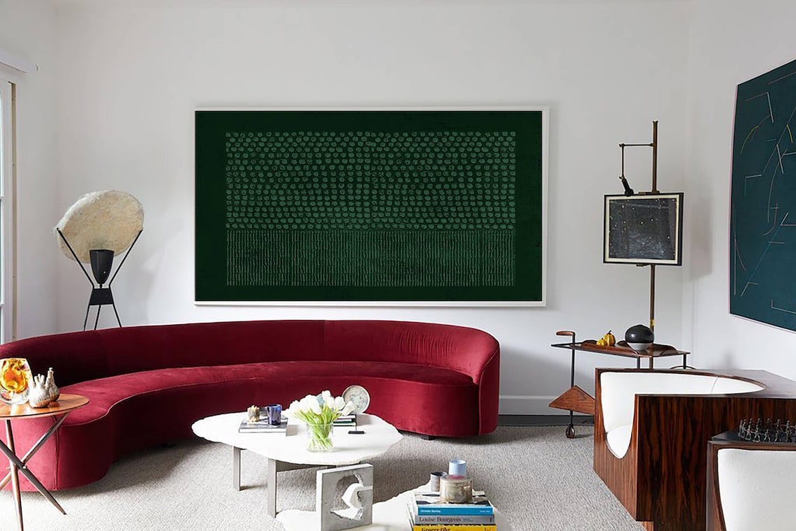 Verdant Code green abstract wall art with textured dots and lines