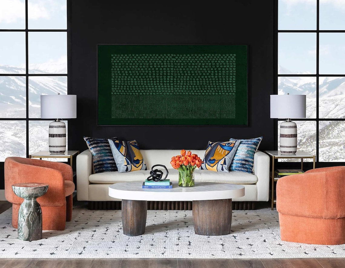 Verdant Code green abstract wall art with textured dots and lines