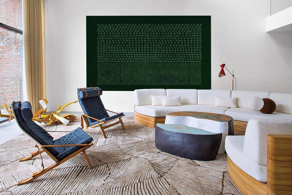 Verdant Code green abstract wall art with textured dots and lines