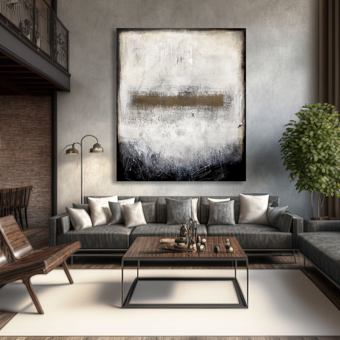 Minimalist modern abstract oil painting with monochrome layers and textured brushstrokes.
