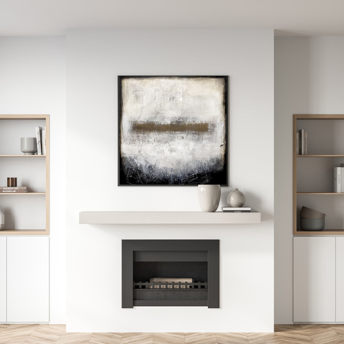 Minimalist modern abstract oil painting with monochrome layers and textured brushstrokes.