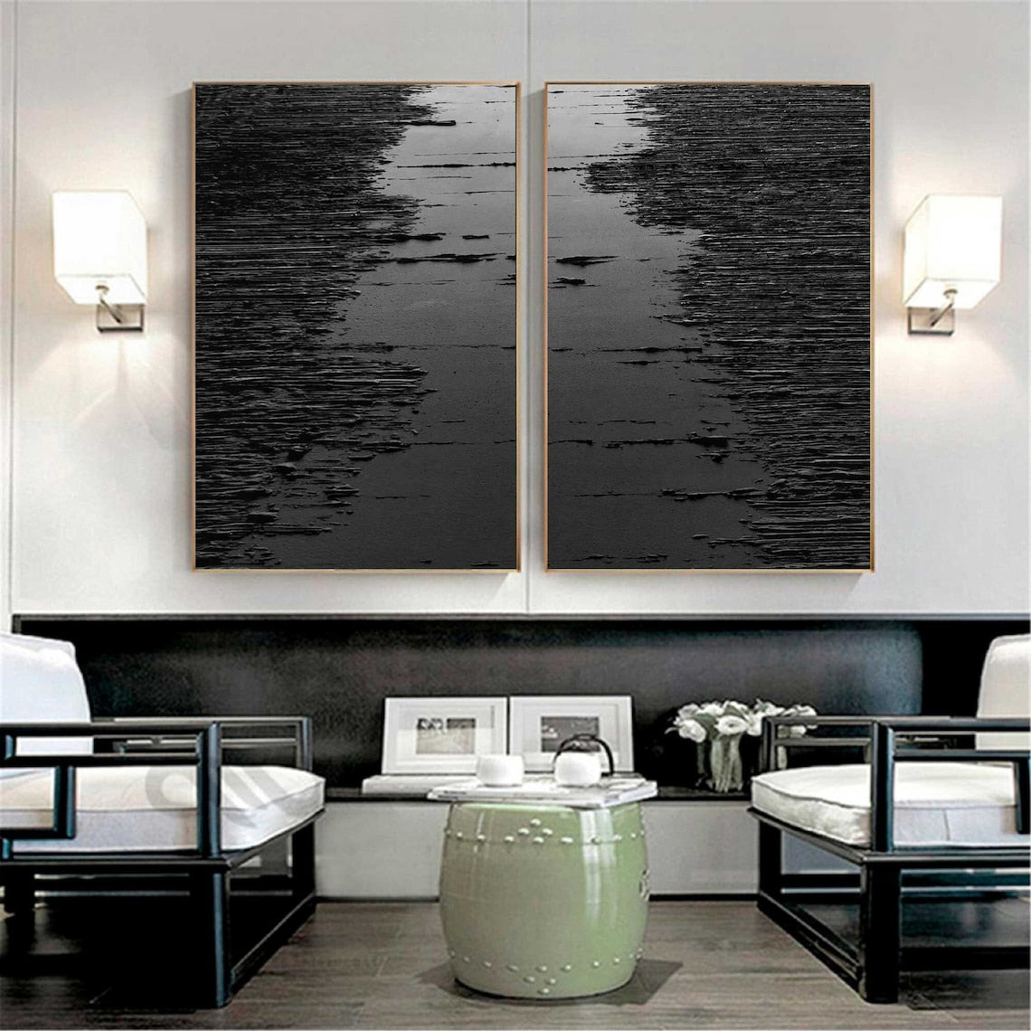 Black abstract wall art diptych with raised strokes creating a wave-like texture.