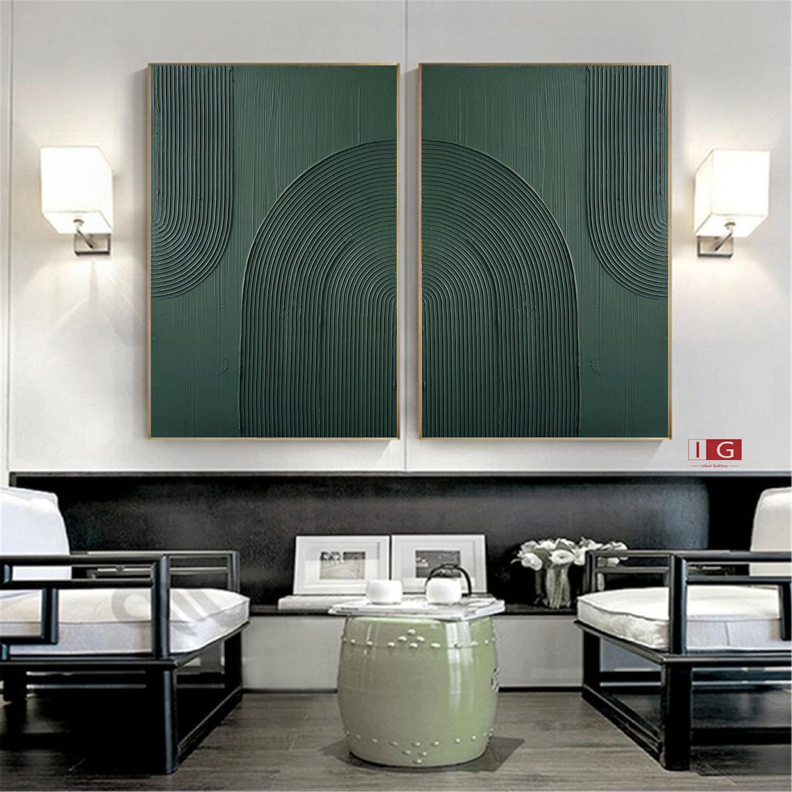 Emerald Enigma Panels green abstract art diptych with textured lines
