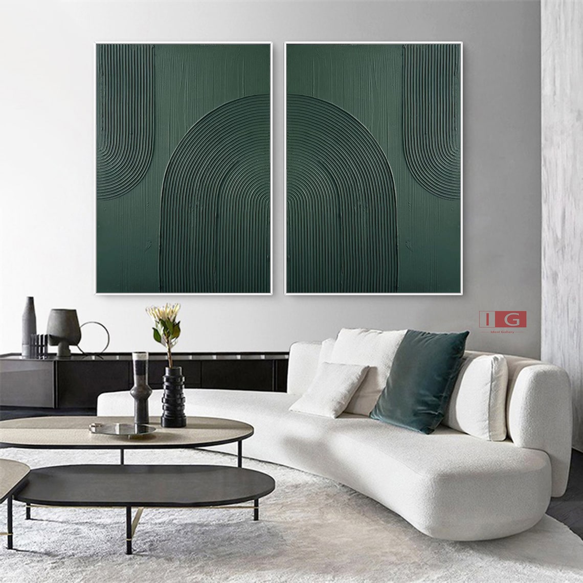 Emerald Enigma Panels green abstract art diptych with textured lines