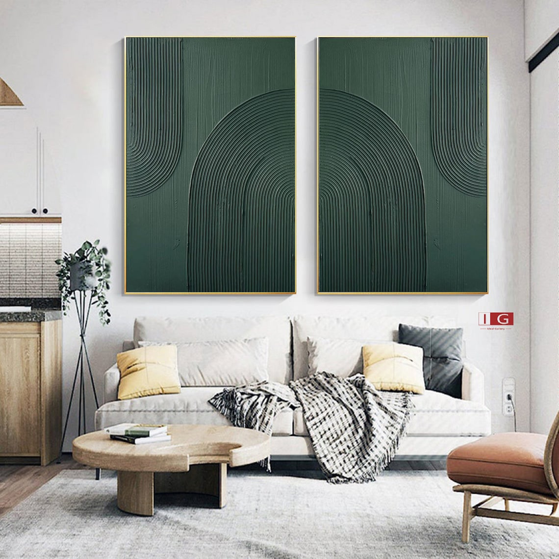 Emerald Enigma Panels green abstract art diptych with textured lines