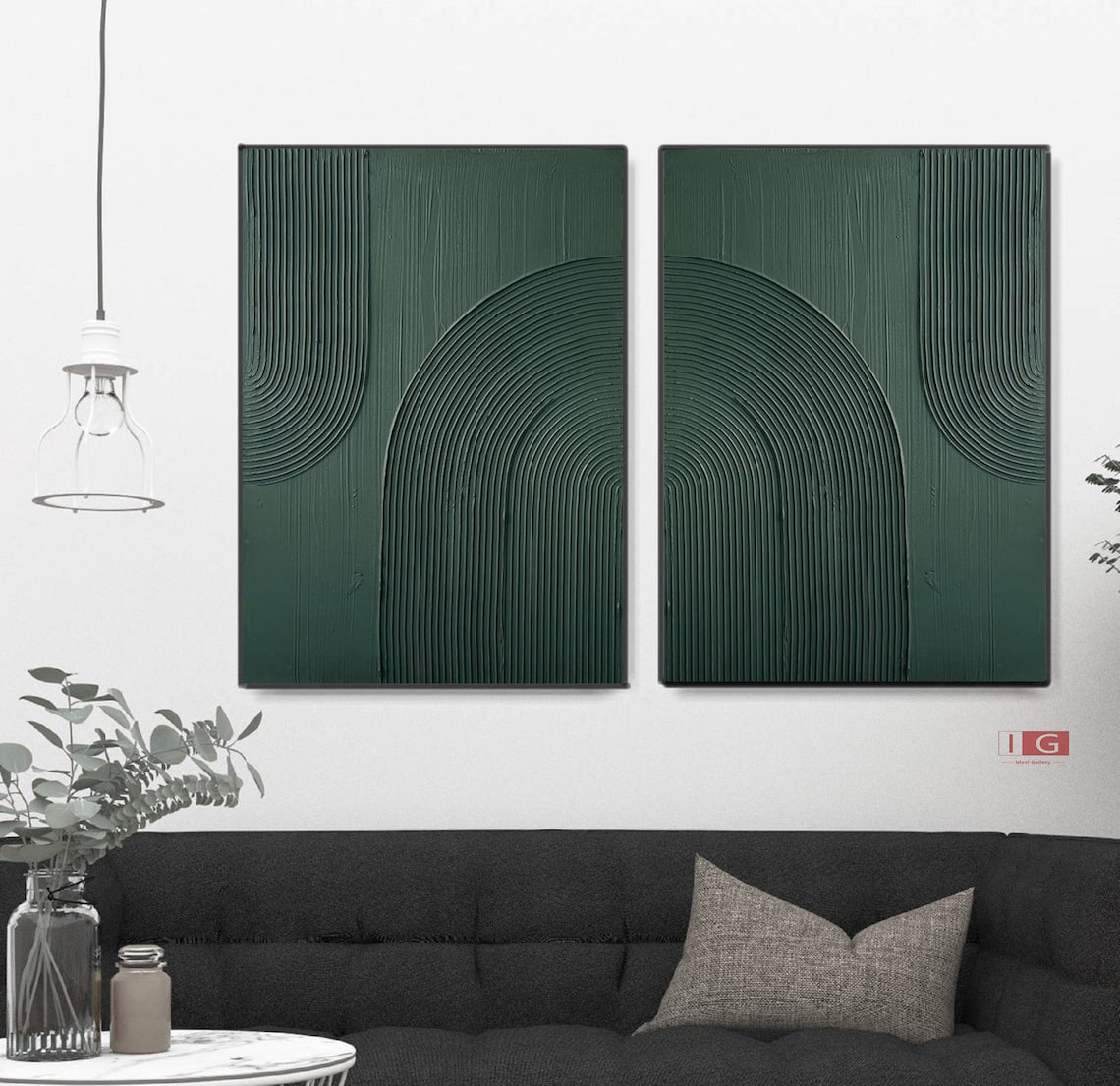 Emerald Enigma Panels green abstract art diptych with textured lines