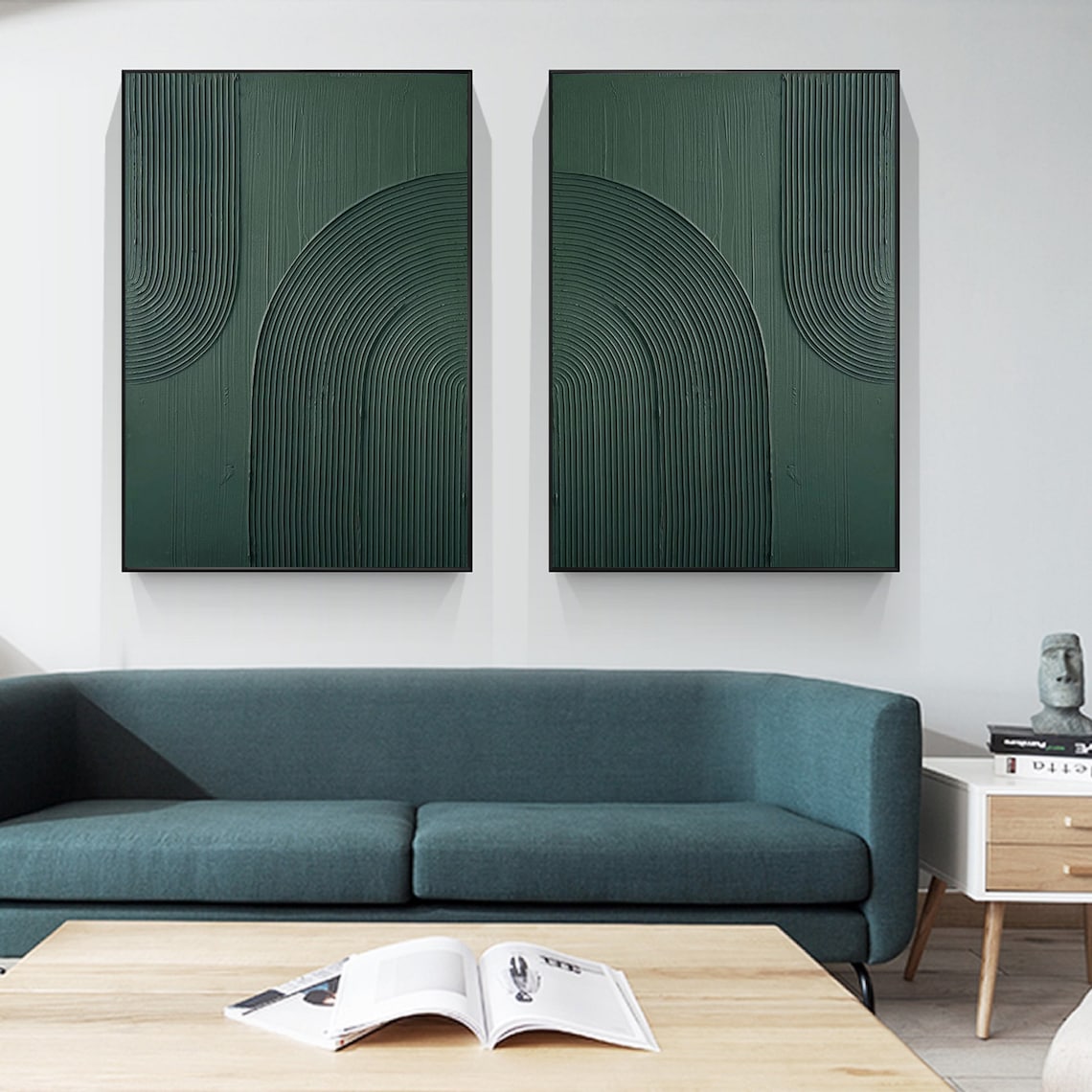 Emerald Enigma Panels green abstract art diptych with textured lines