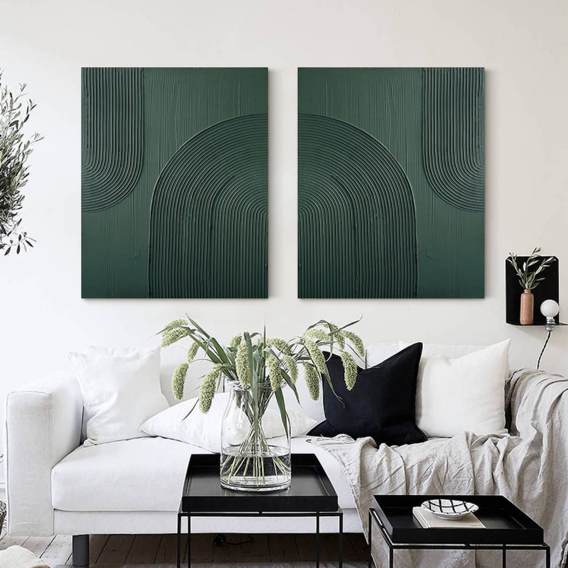 Emerald Enigma Panels green abstract art diptych with textured lines