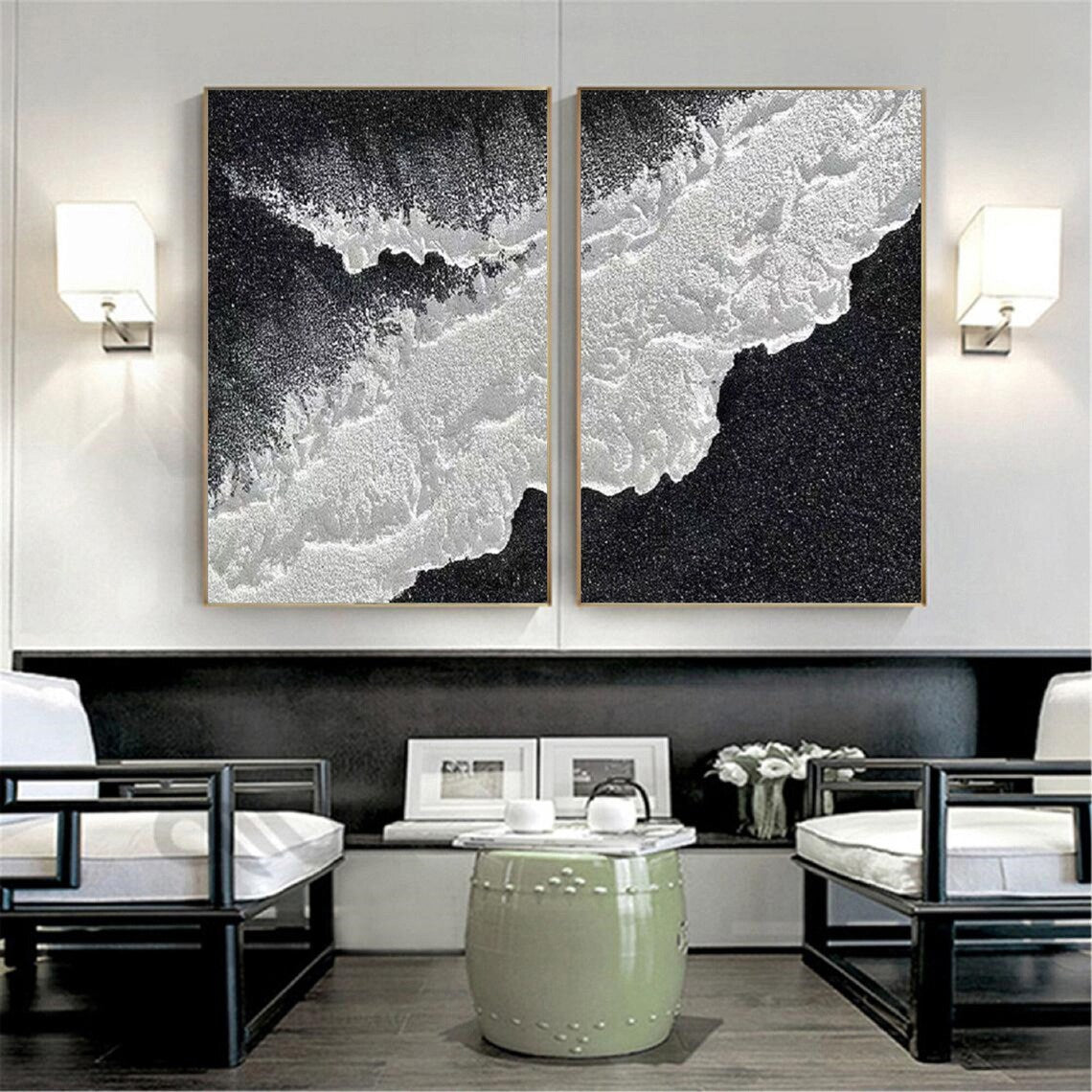 Cosmic Tide Diptych black and white wall art with textured abstract design